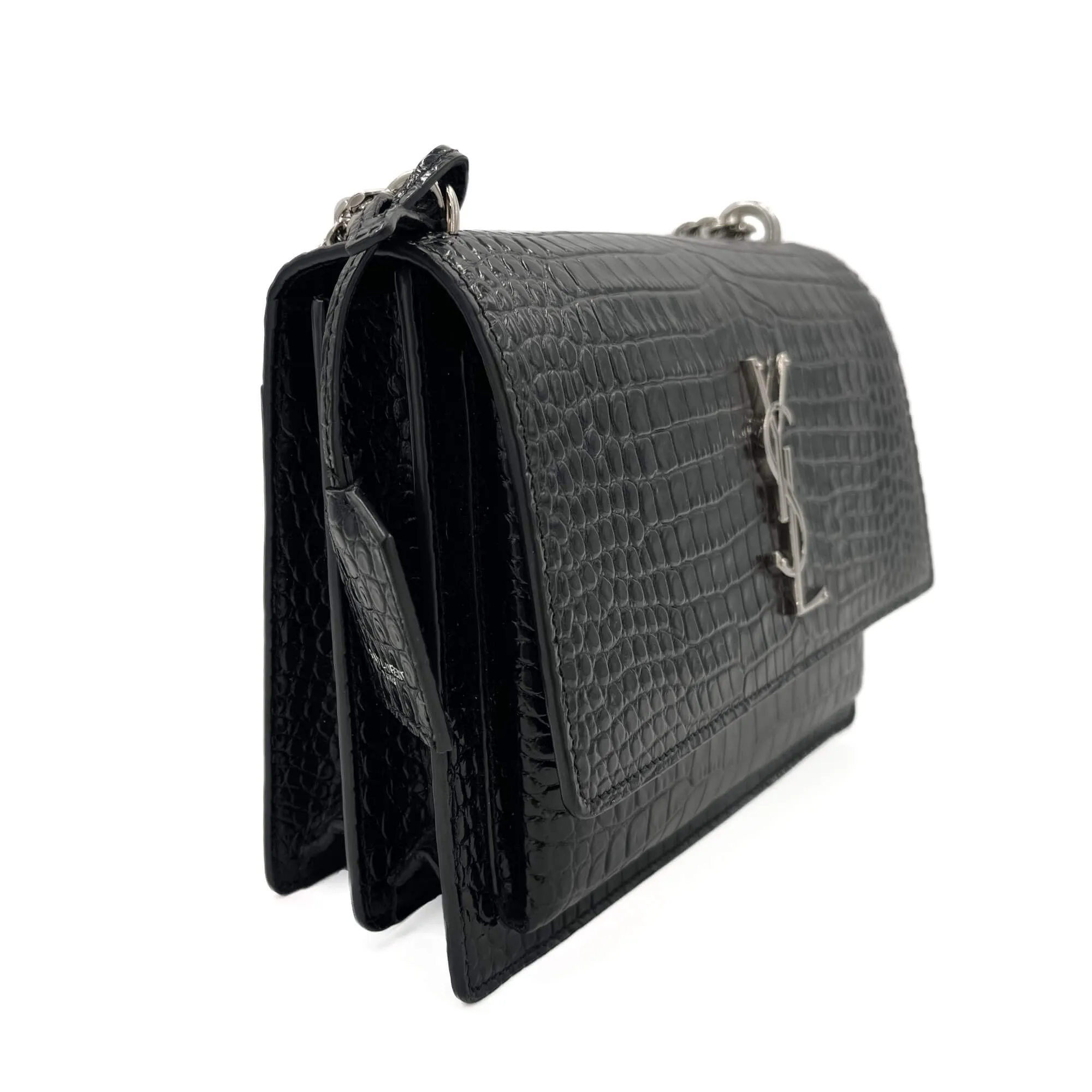 Sunset Crocodile-Embossed Leather Flap Bag Black