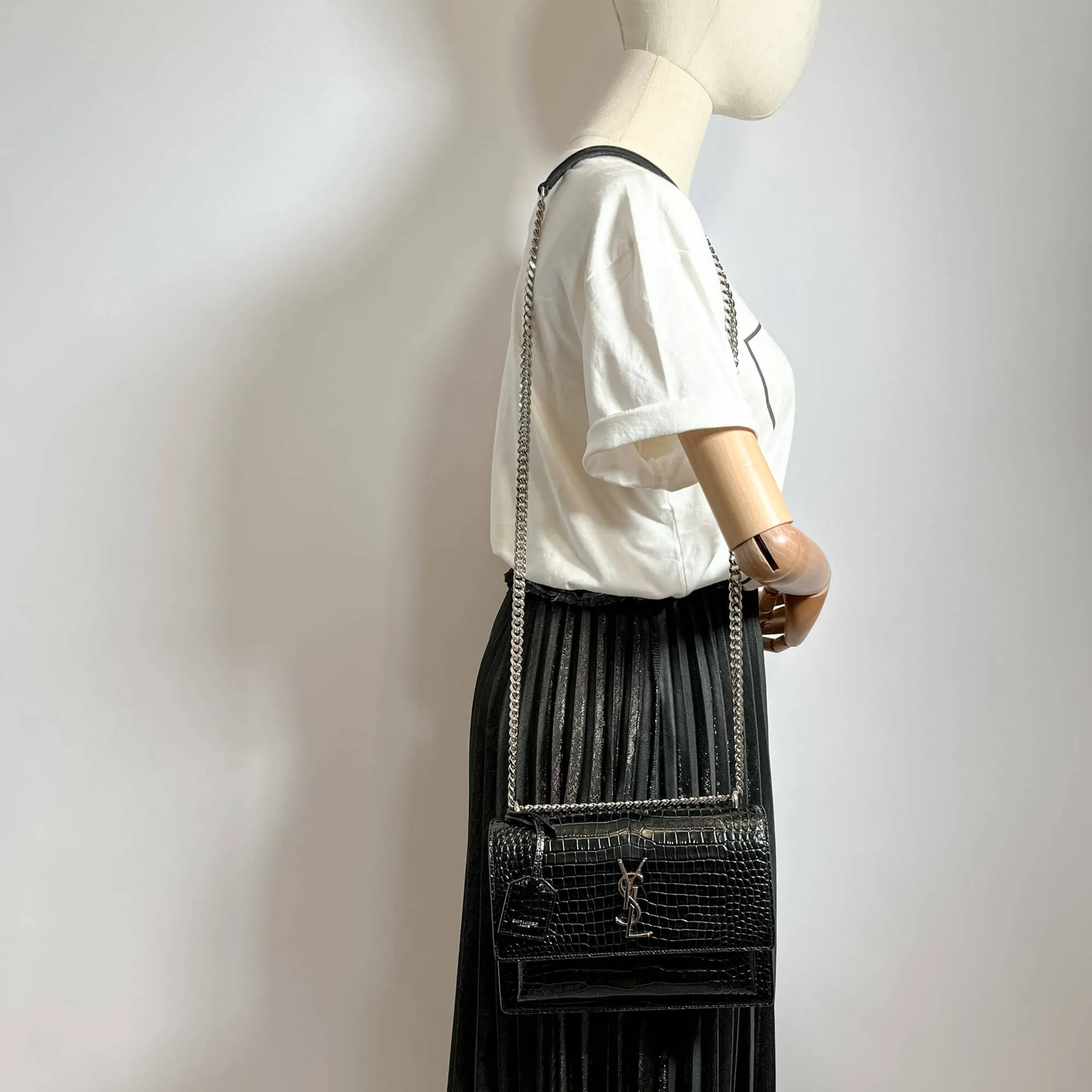 Sunset Crocodile-Embossed Leather Flap Bag Black