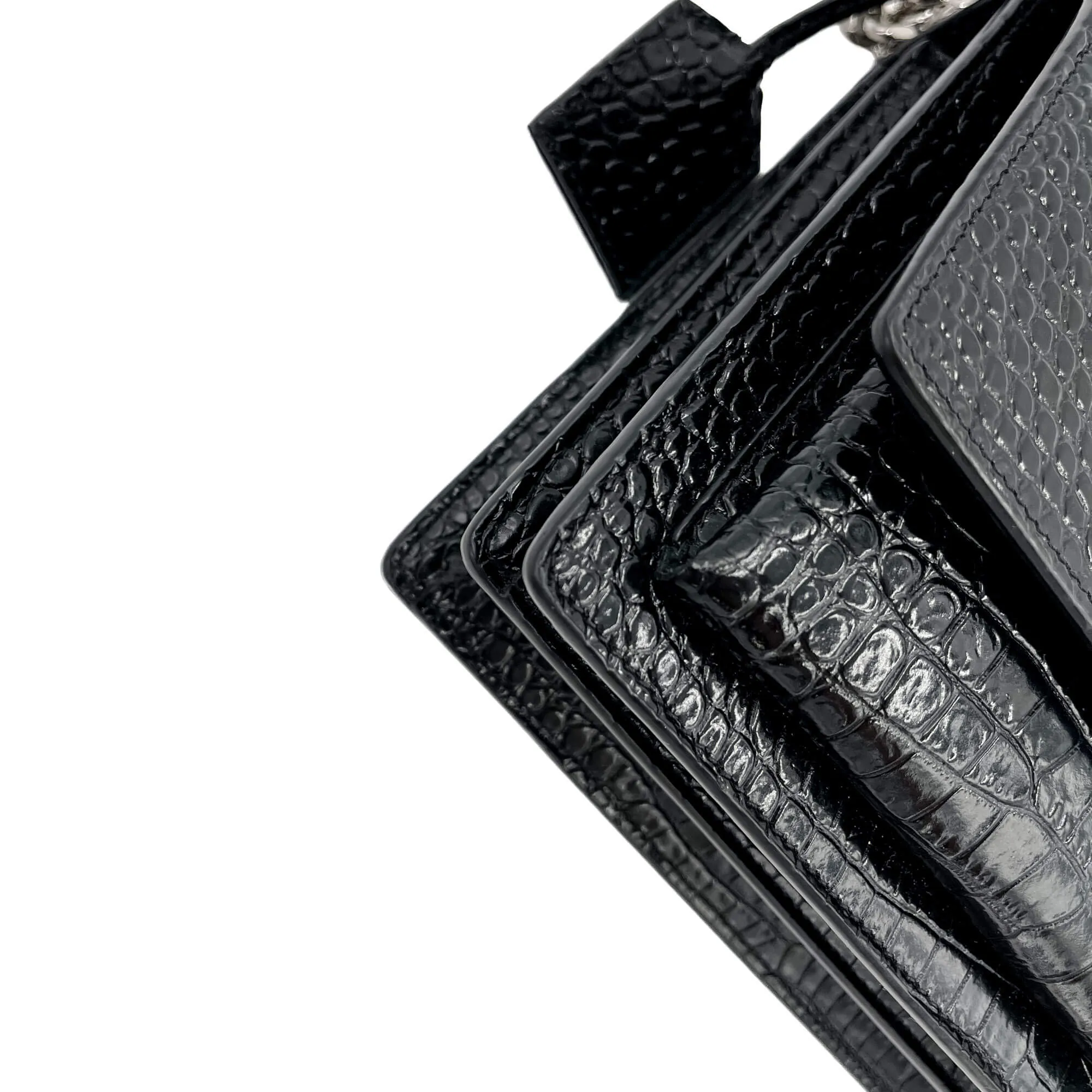 Sunset Crocodile-Embossed Leather Flap Bag Black
