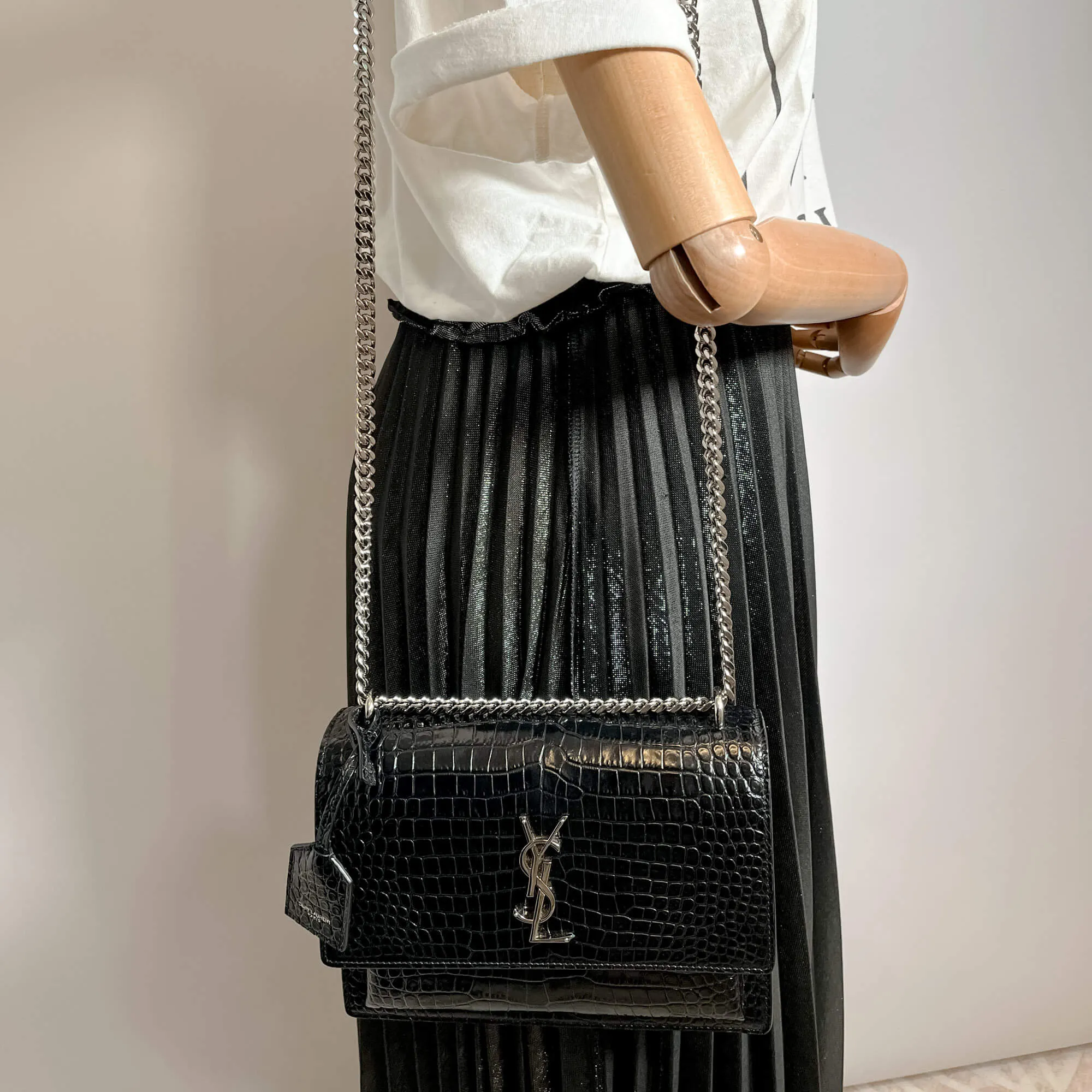 Sunset Crocodile-Embossed Leather Flap Bag Black