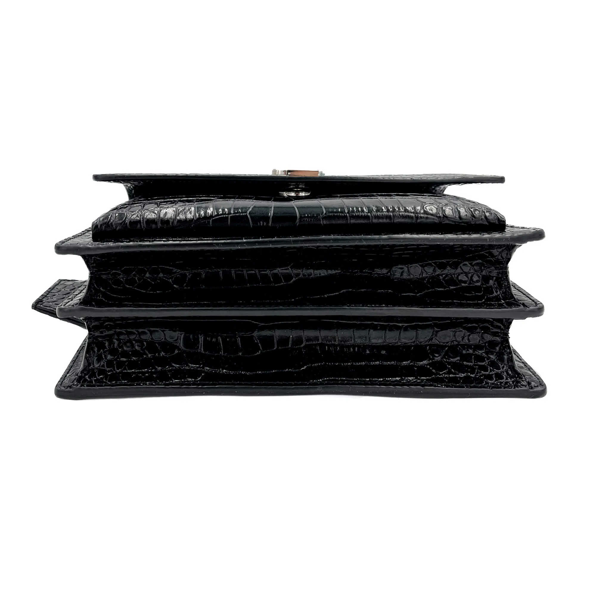 Sunset Crocodile-Embossed Leather Flap Bag Black
