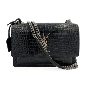 Sunset Crocodile-Embossed Leather Flap Bag Black