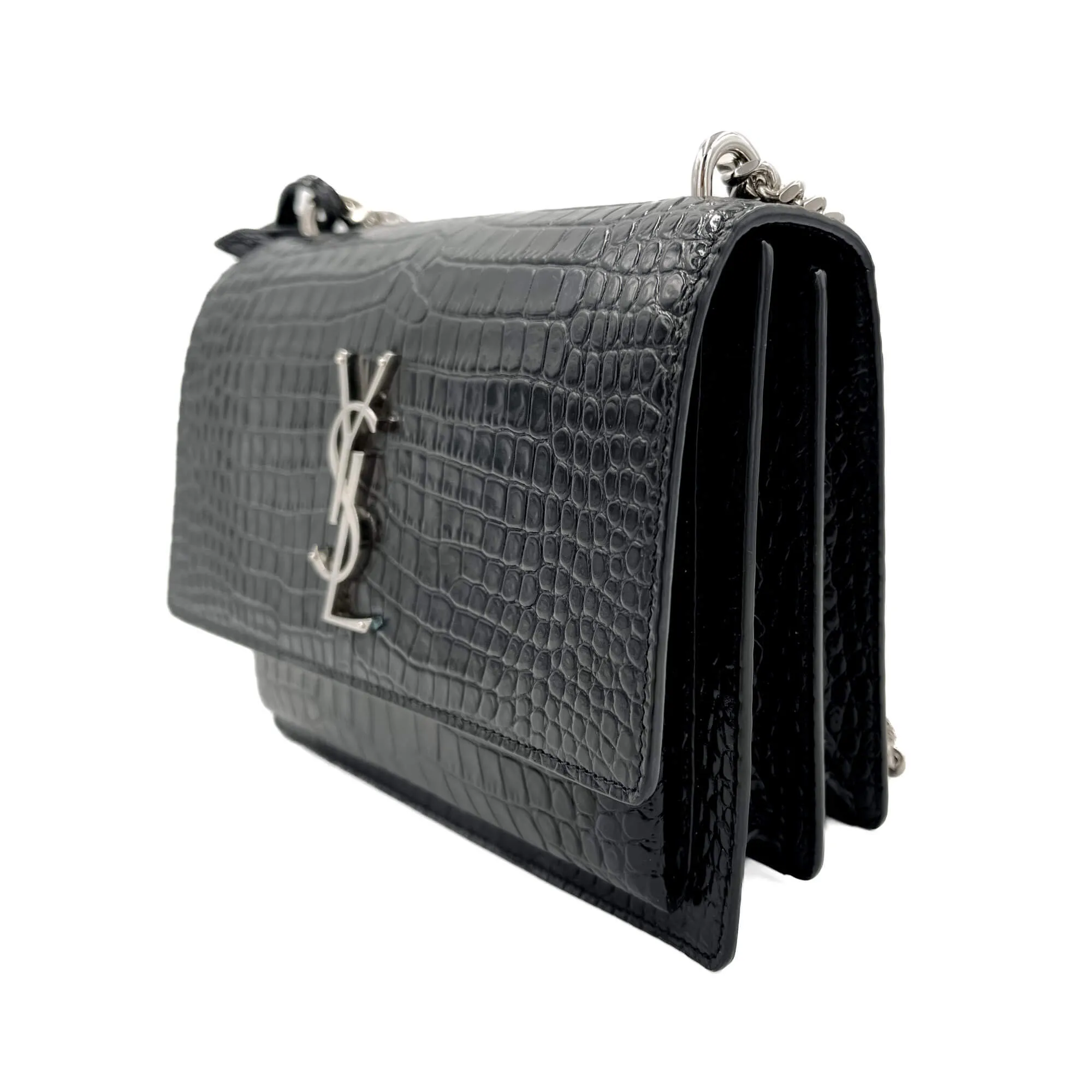 Sunset Crocodile-Embossed Leather Flap Bag Black