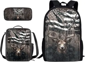Suobstales Deer American Flag Print Backpack with Lunch Bags and Pencil Case Set of 3 Elementary School Bags for Kids Girls Boys Teens Large Capacity Bagpack Rucksack Travel Outdoor Daypack