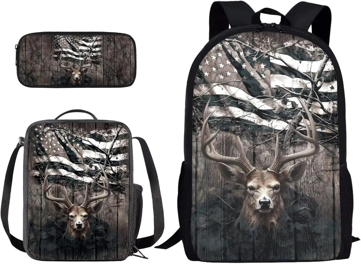 Suobstales Deer American Flag Print Backpack with Lunch Bags and Pencil Case Set of 3 Elementary School Bags for Kids Girls Boys Teens Large Capacity Bagpack Rucksack Travel Outdoor Daypack