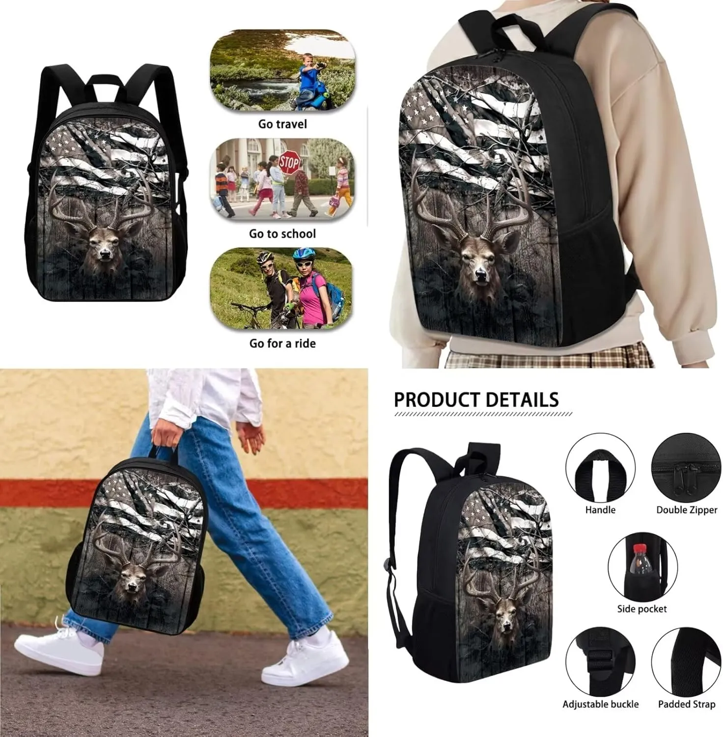 Suobstales Deer American Flag Print Backpack with Lunch Bags and Pencil Case Set of 3 Elementary School Bags for Kids Girls Boys Teens Large Capacity Bagpack Rucksack Travel Outdoor Daypack