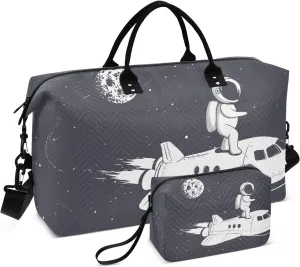 susiyo Travel Duffel Bags Astronaut Fly on Space Quilted Gym Bag Weekender Overnight Bags with Small Makeup Pouch