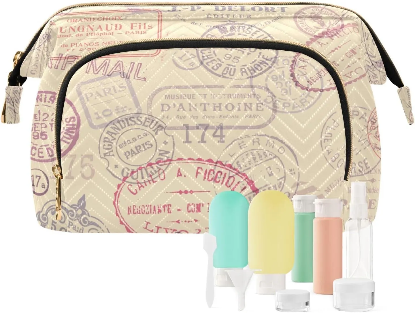 susiyo Vintage Stamps Postage Pattern Cosmetic Bag with Travel Bottle Set Large Wide Open Quilted Make Up Bags Travel Kit