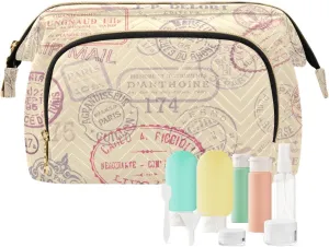 susiyo Vintage Stamps Postage Pattern Cosmetic Bag with Travel Bottle Set Large Wide Open Quilted Make Up Bags Travel Kit