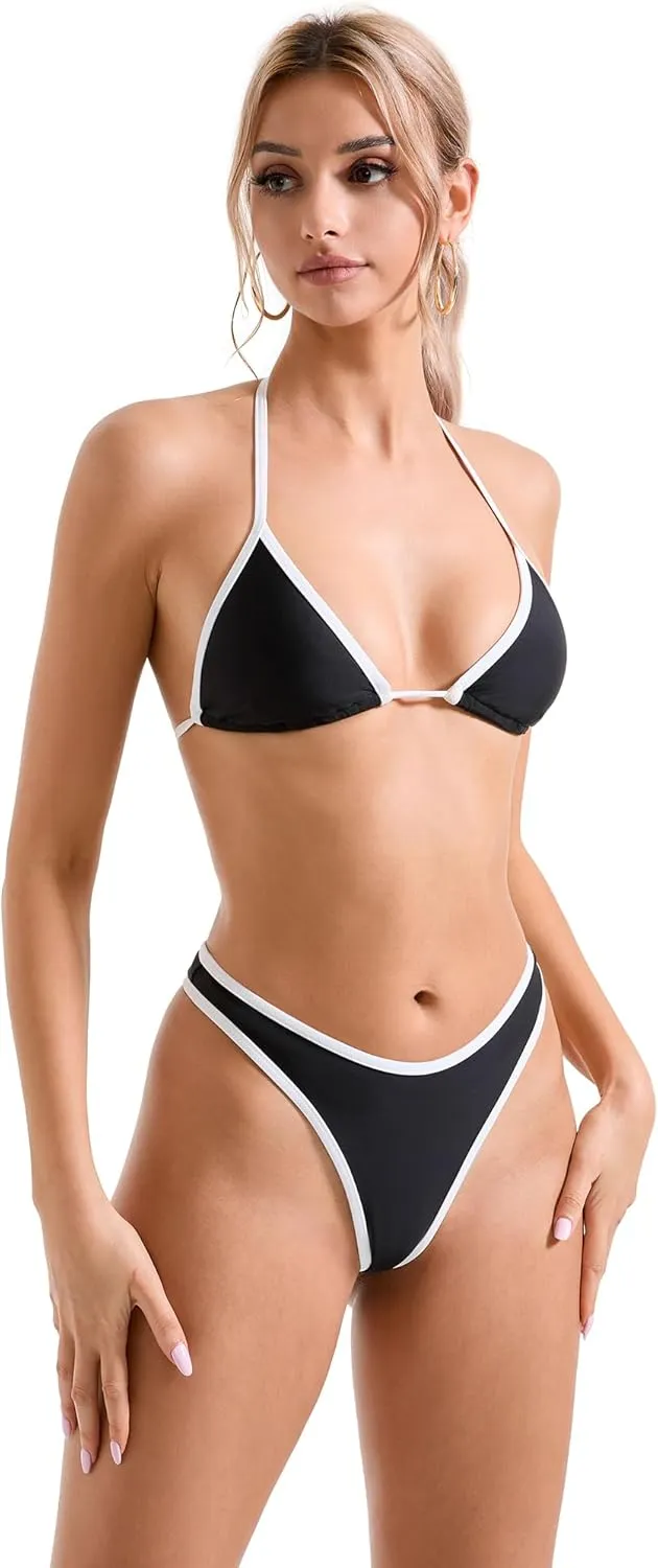 SUUKSESS Women Sexy Thong String 2 Piece Bikini Set Cheeky Halter Swimsuit