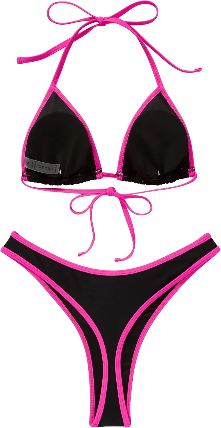 SUUKSESS Women Sexy Thong String 2 Piece Bikini Set Cheeky Halter Swimsuit