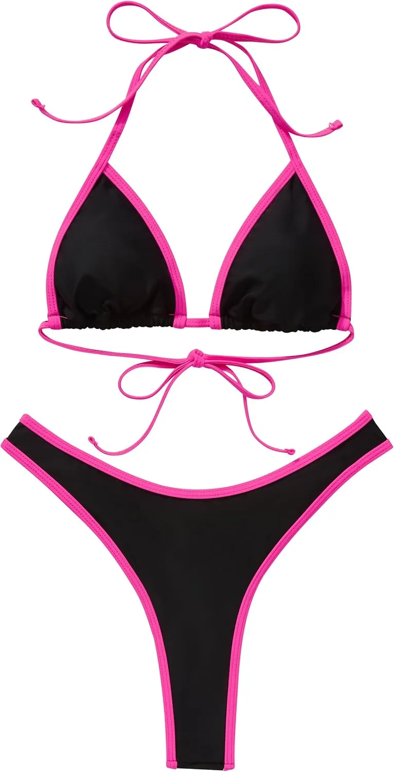 SUUKSESS Women Sexy Thong String 2 Piece Bikini Set Cheeky Halter Swimsuit
