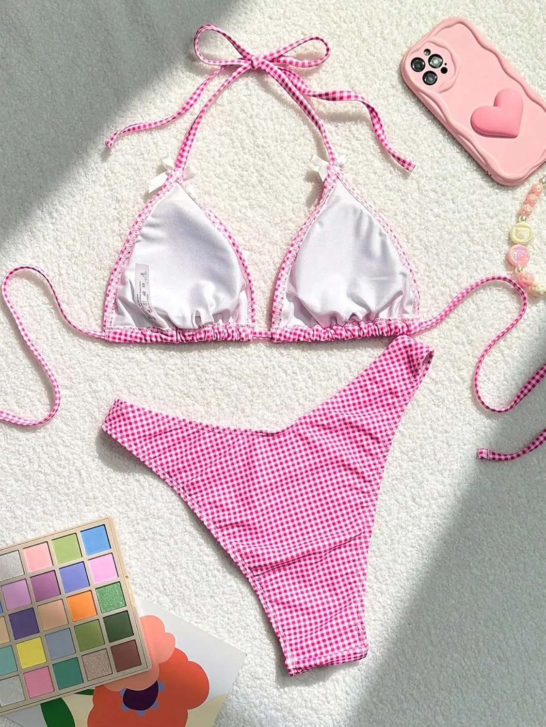 SweatyRocks Women's 2 Piece Triangle Bathing Suit Halter Top ​Tie Side Thong Bikini Swimsuits