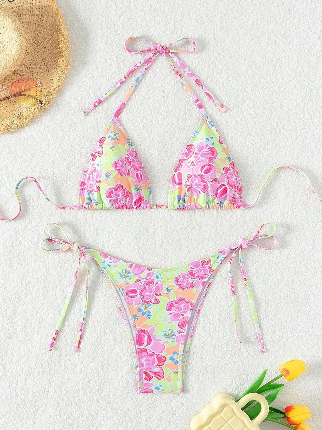 SweatyRocks Women's 2 Piece Triangle Bathing Suit Halter Top ​Tie Side Thong Bikini Swimsuits