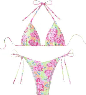 SweatyRocks Women's 2 Piece Triangle Bathing Suit Halter Top ​Tie Side Thong Bikini Swimsuits