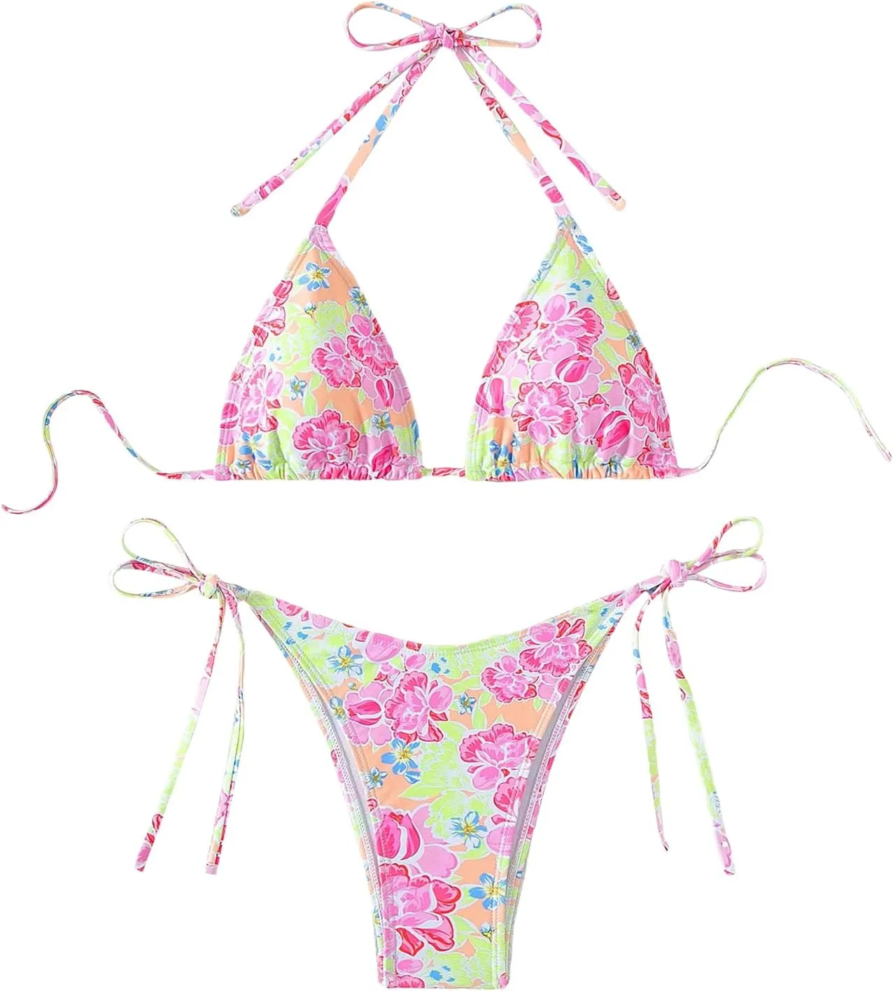 SweatyRocks Women's 2 Piece Triangle Bathing Suit Halter Top ​Tie Side Thong Bikini Swimsuits