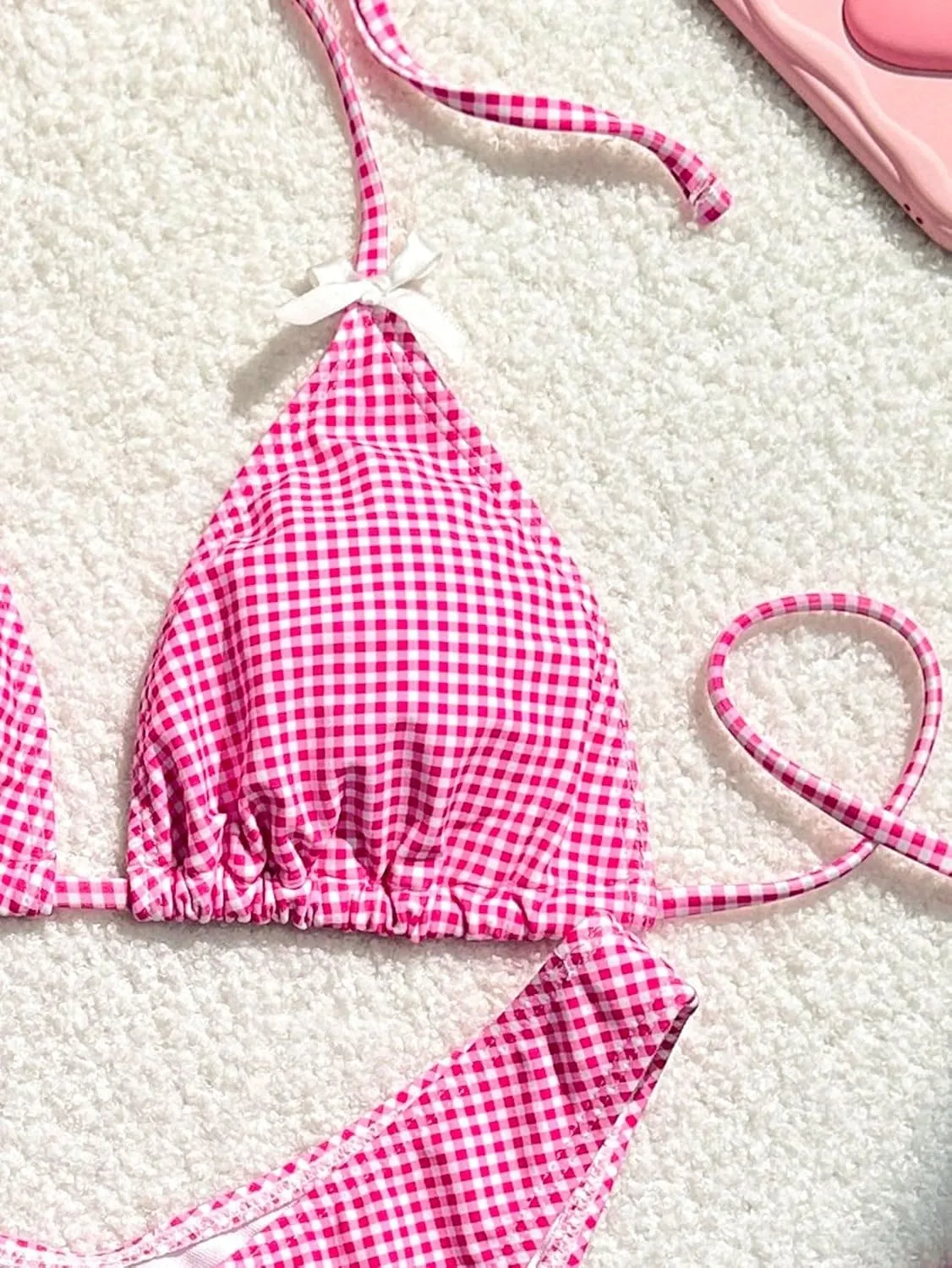 SweatyRocks Women's 2 Piece Triangle Bathing Suit Halter Top ​Tie Side Thong Bikini Swimsuits