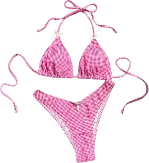 SweatyRocks Women's 2 Piece Triangle Bathing Suit Halter Top ​Tie Side Thong Bikini Swimsuits