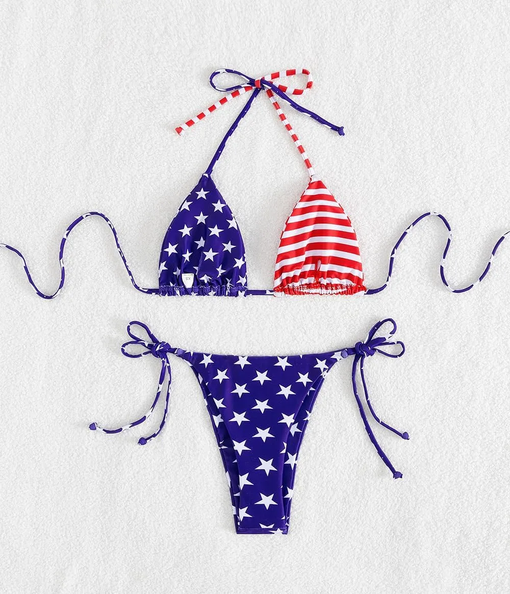 Tainehs Women's Sexy Halter Thong Bikini Tie Two Sides Bottom Triangle Bikini Swimsuits