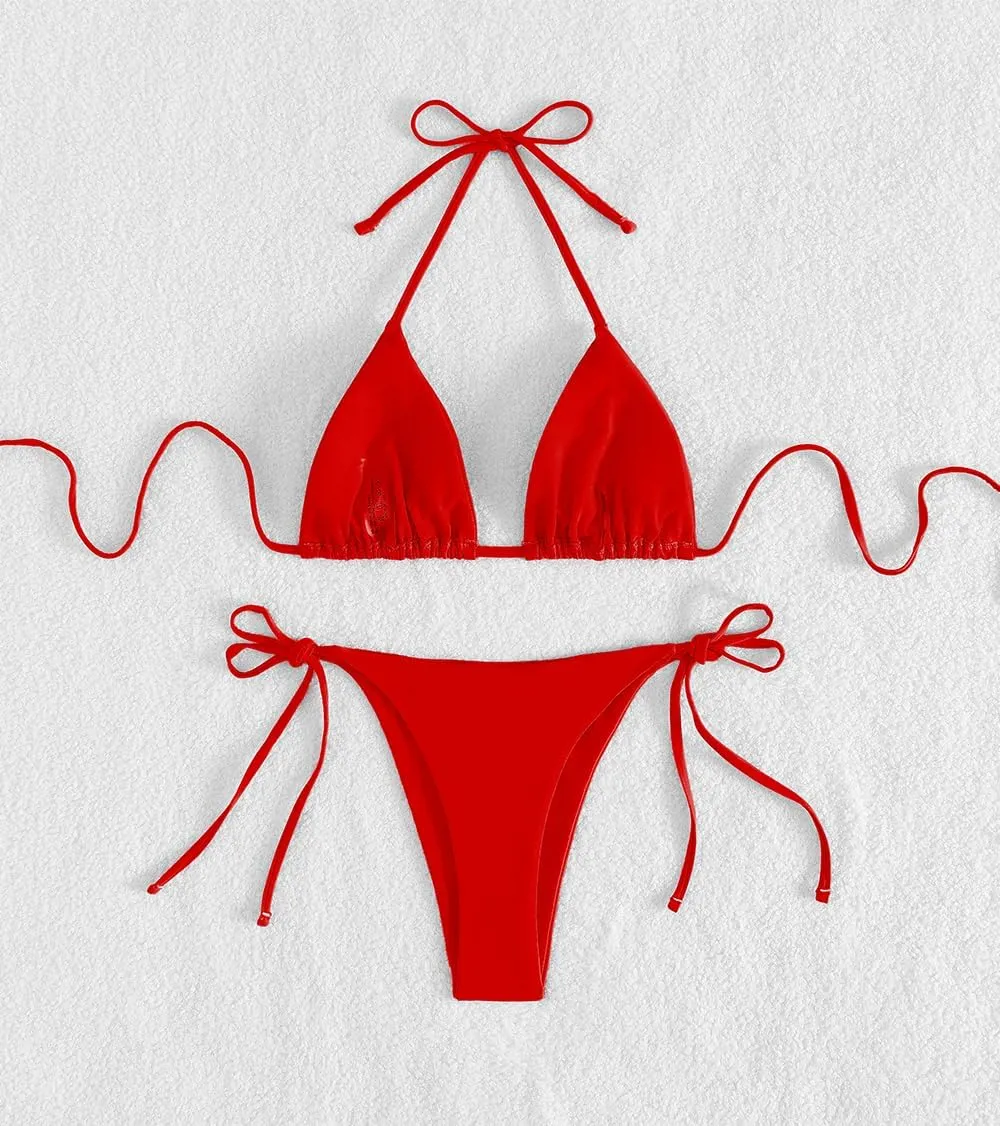 Tainehs Women's Sexy Halter Thong Bikini Tie Two Sides Bottom Triangle Bikini Swimsuits