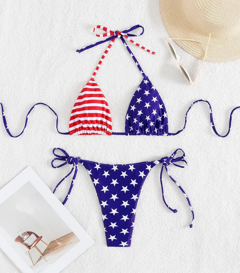 Tainehs Women's Sexy Halter Thong Bikini Tie Two Sides Bottom Triangle Bikini Swimsuits
