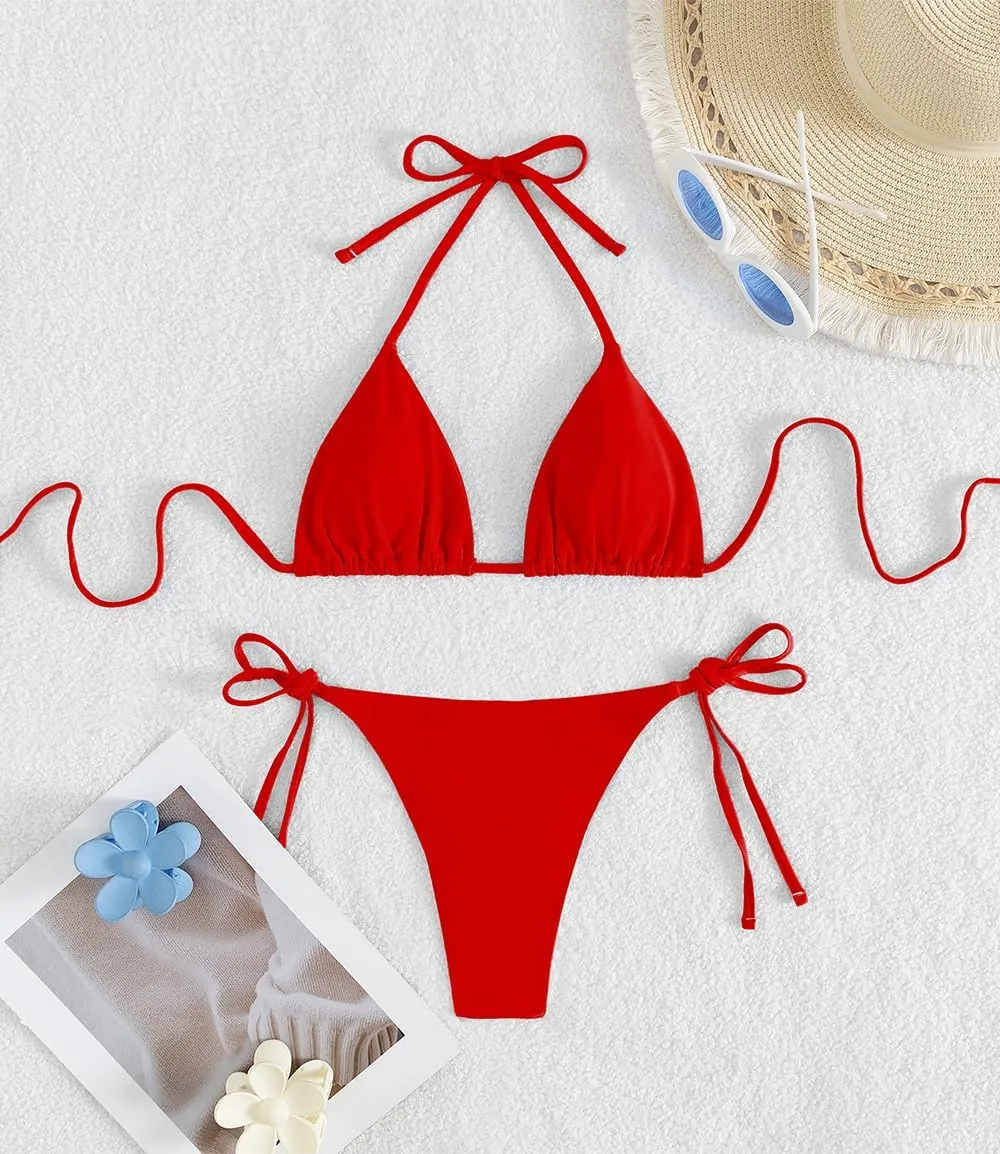 Tainehs Women's Sexy Halter Thong Bikini Tie Two Sides Bottom Triangle Bikini Swimsuits