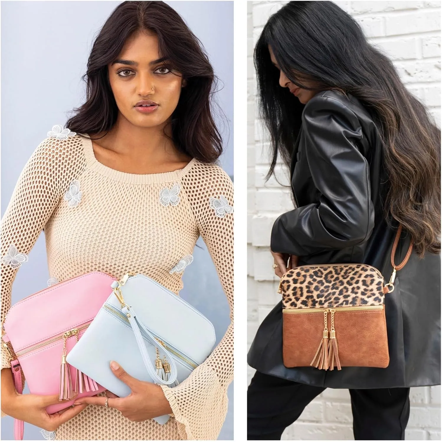 Tara Vegan Leather Crossbody Bags Wristlet Wallets Clutch Purses Shoulder Handbag with Tassel Zippers for Women