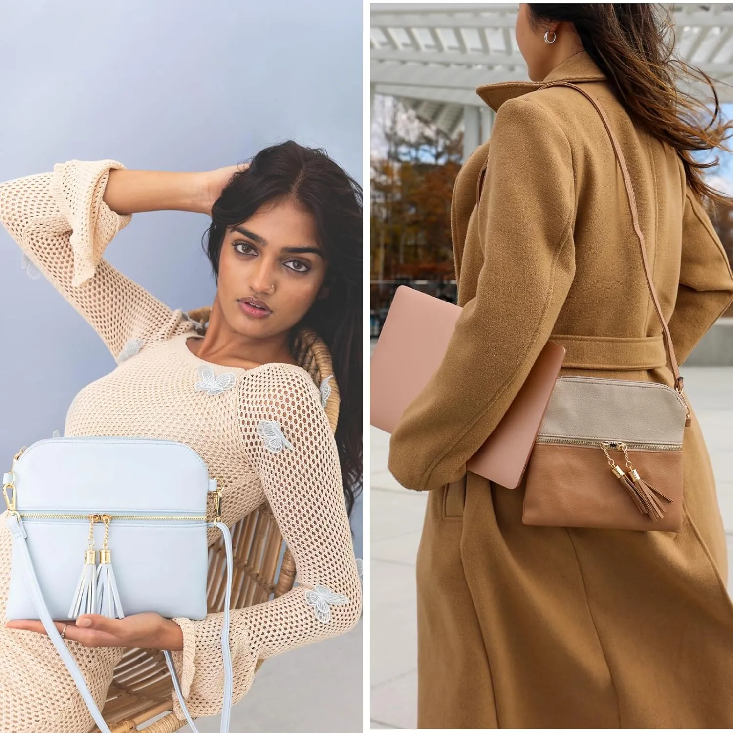 Tara Vegan Leather Crossbody Bags Wristlet Wallets Clutch Purses Shoulder Handbag with Tassel Zippers for Women