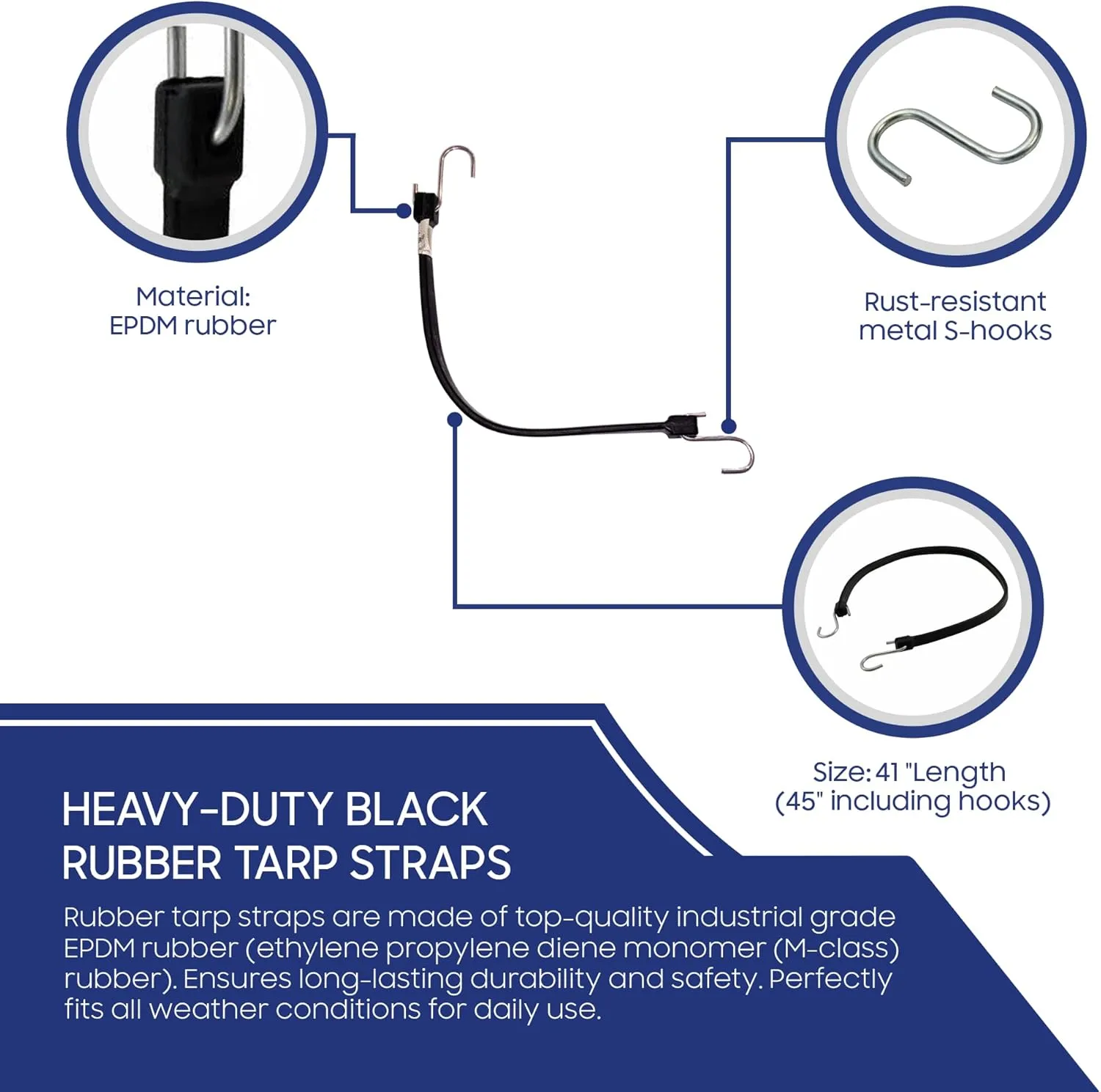 Tarps Now 15” EPDM Rubber Tarp Straps, (15 inches) - Heavy Duty Rubber Cords Bungee Straps with S Hooks for Securing Tarps, Canvas, Camping, Canopy, Cargo and Scaffolding - Black, 50 Pieces