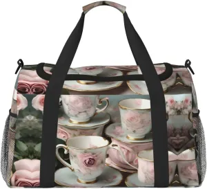 Tea Cups with Roses Romantic print Carry on Bag Underseat Personal Item Bag Travel Duffel Bag Gym Carry On Sports Bag