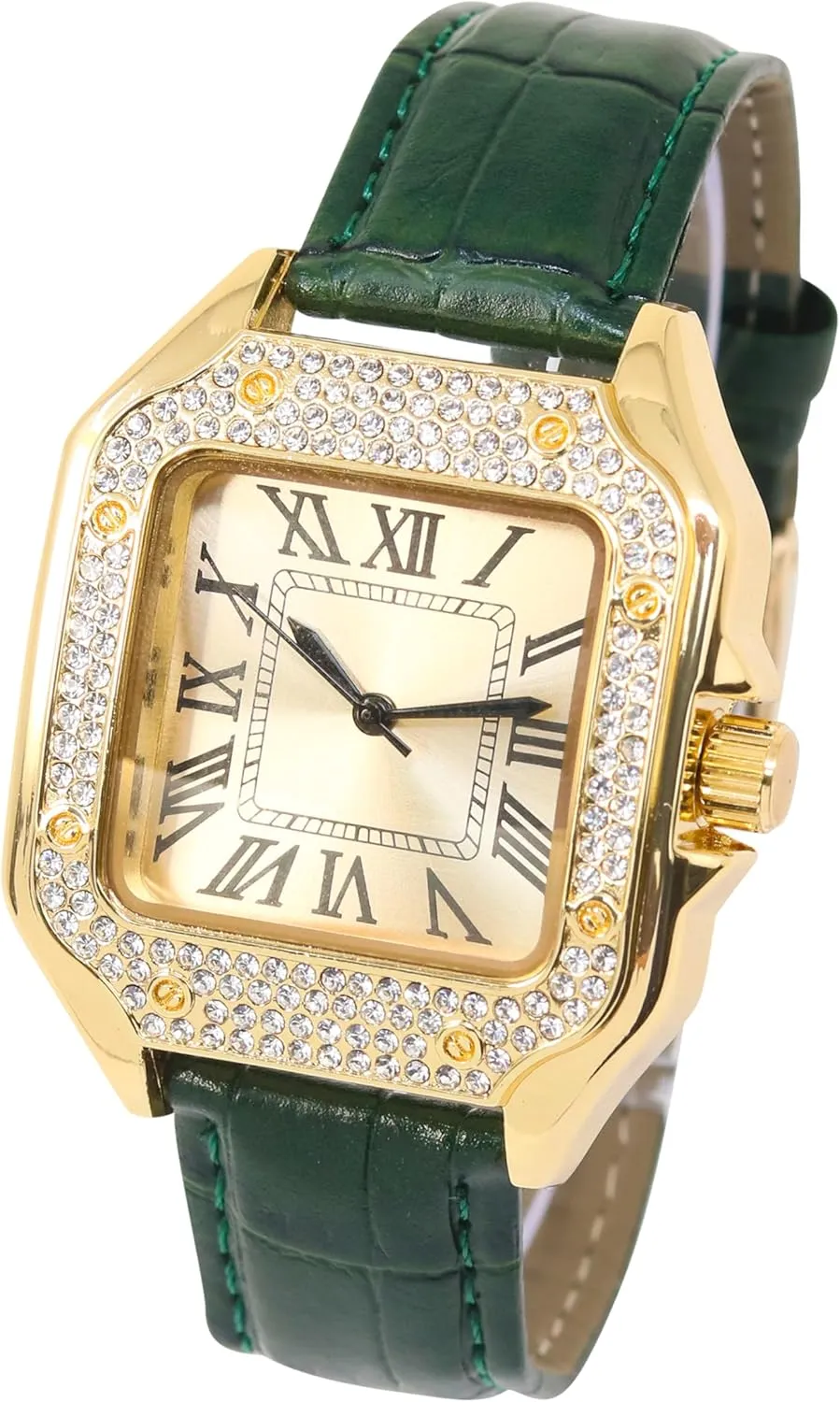 Techno Pave Men's 32mm Iced Out Leather Band Watch – Square Shape, Sleek Roman Dial, Luxury Hip-Hop Style