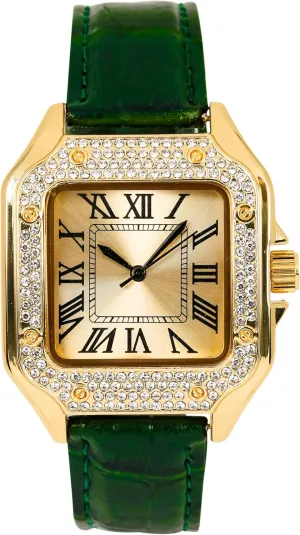 Techno Pave Men's 32mm Iced Out Leather Band Watch – Square Shape, Sleek Roman Dial, Luxury Hip-Hop Style