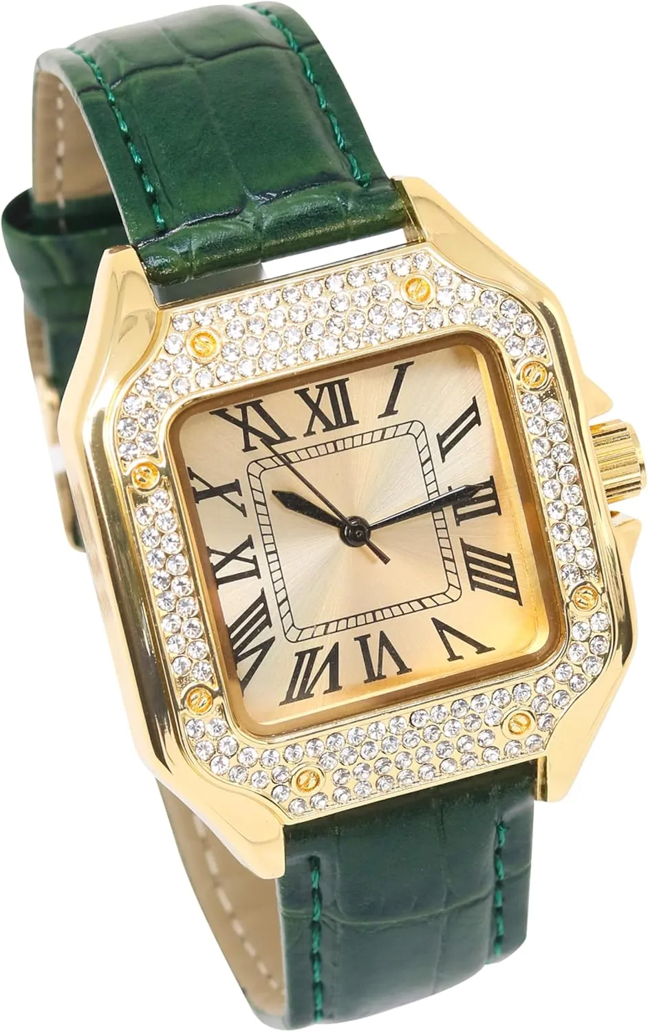 Techno Pave Men's 32mm Iced Out Leather Band Watch – Square Shape, Sleek Roman Dial, Luxury Hip-Hop Style