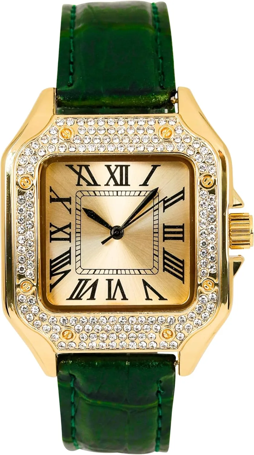 Techno Pave Men's 32mm Iced Out Leather Band Watch – Square Shape, Sleek Roman Dial, Luxury Hip-Hop Style