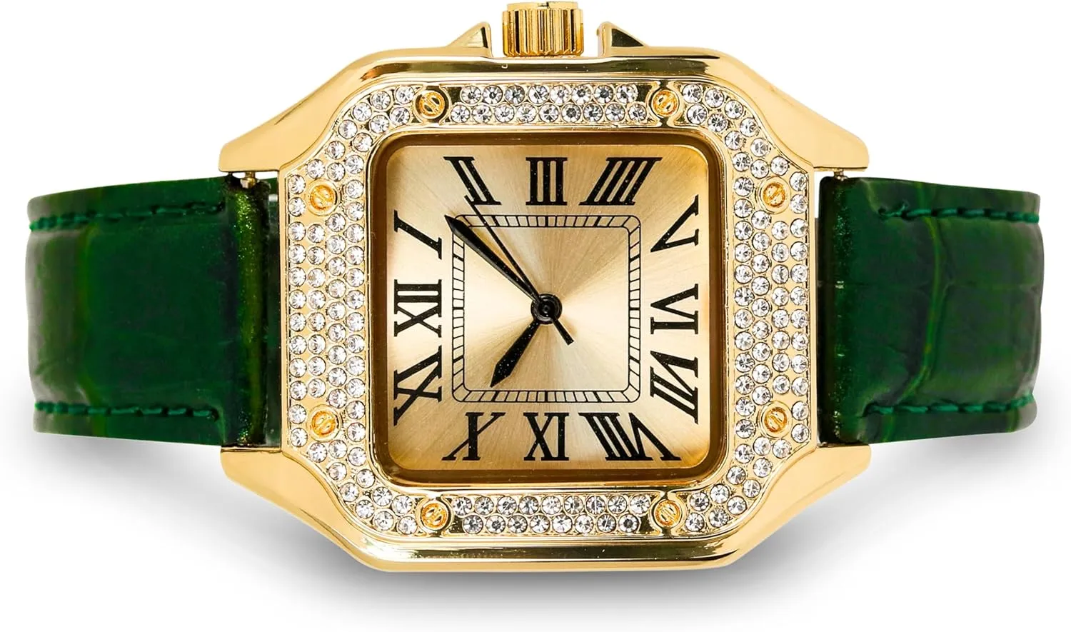Techno Pave Men's 32mm Iced Out Leather Band Watch – Square Shape, Sleek Roman Dial, Luxury Hip-Hop Style