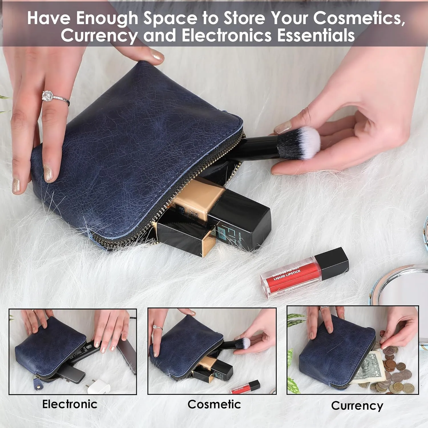 The Antiq Blue Leather Cosmetic Bags For Women Travel Set - HandCrafted Zipper Coin Pouch Blue Makeup Bag Set Small Toiletry Bags for Women - Makeup Essentials Organiser Mini Cosmetic Pouch For Purse