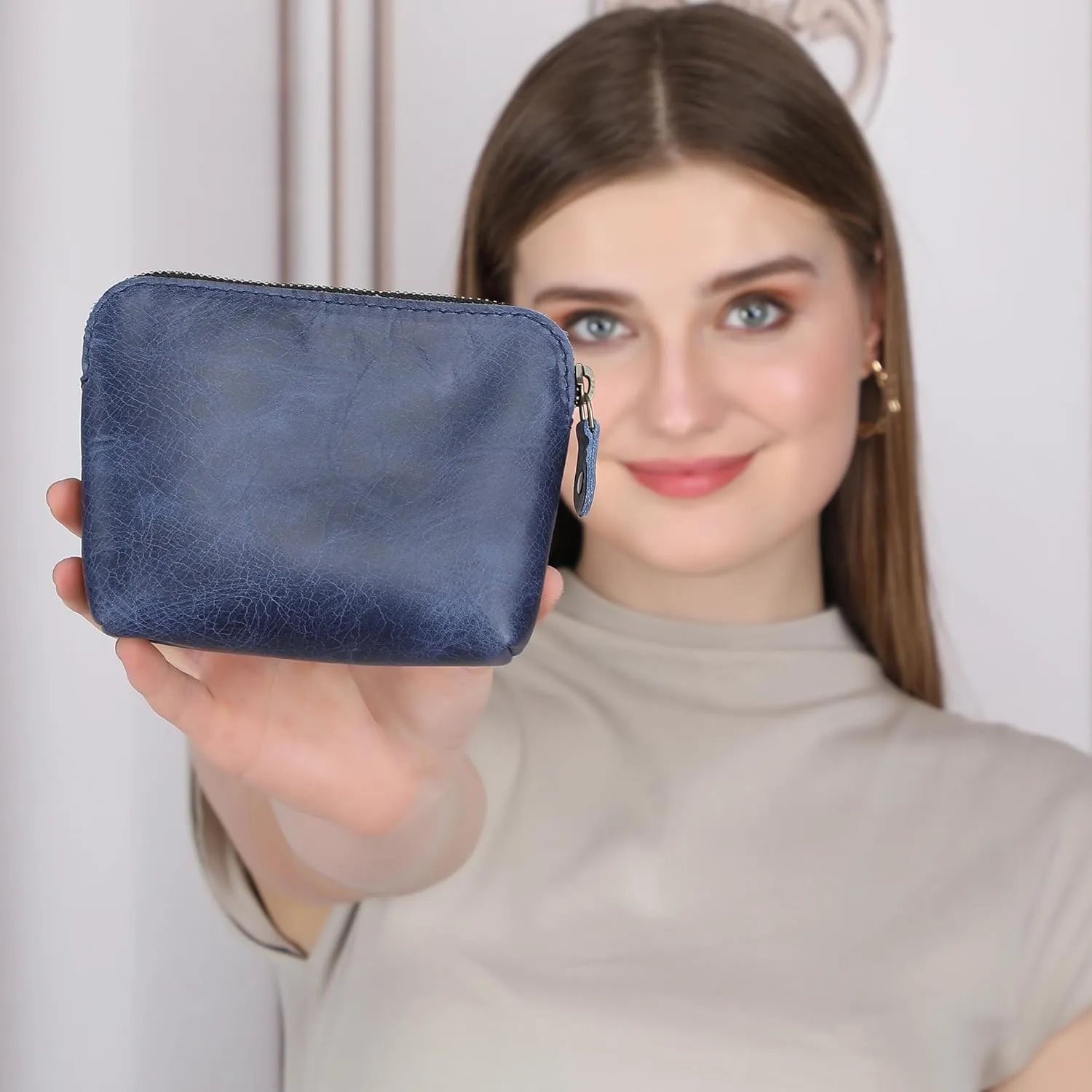 The Antiq Blue Leather Cosmetic Bags For Women Travel Set - HandCrafted Zipper Coin Pouch Blue Makeup Bag Set Small Toiletry Bags for Women - Makeup Essentials Organiser Mini Cosmetic Pouch For Purse