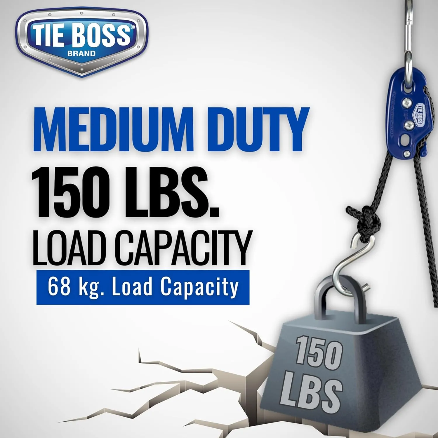 Tie Boss - 1/4 Inch, Medium Duty, (150 lbs Working Load Limit), Weather Resistant, Tie Down, Rope Tightening System, (w/15 ft Rope) (Pack of 1) (Blue)