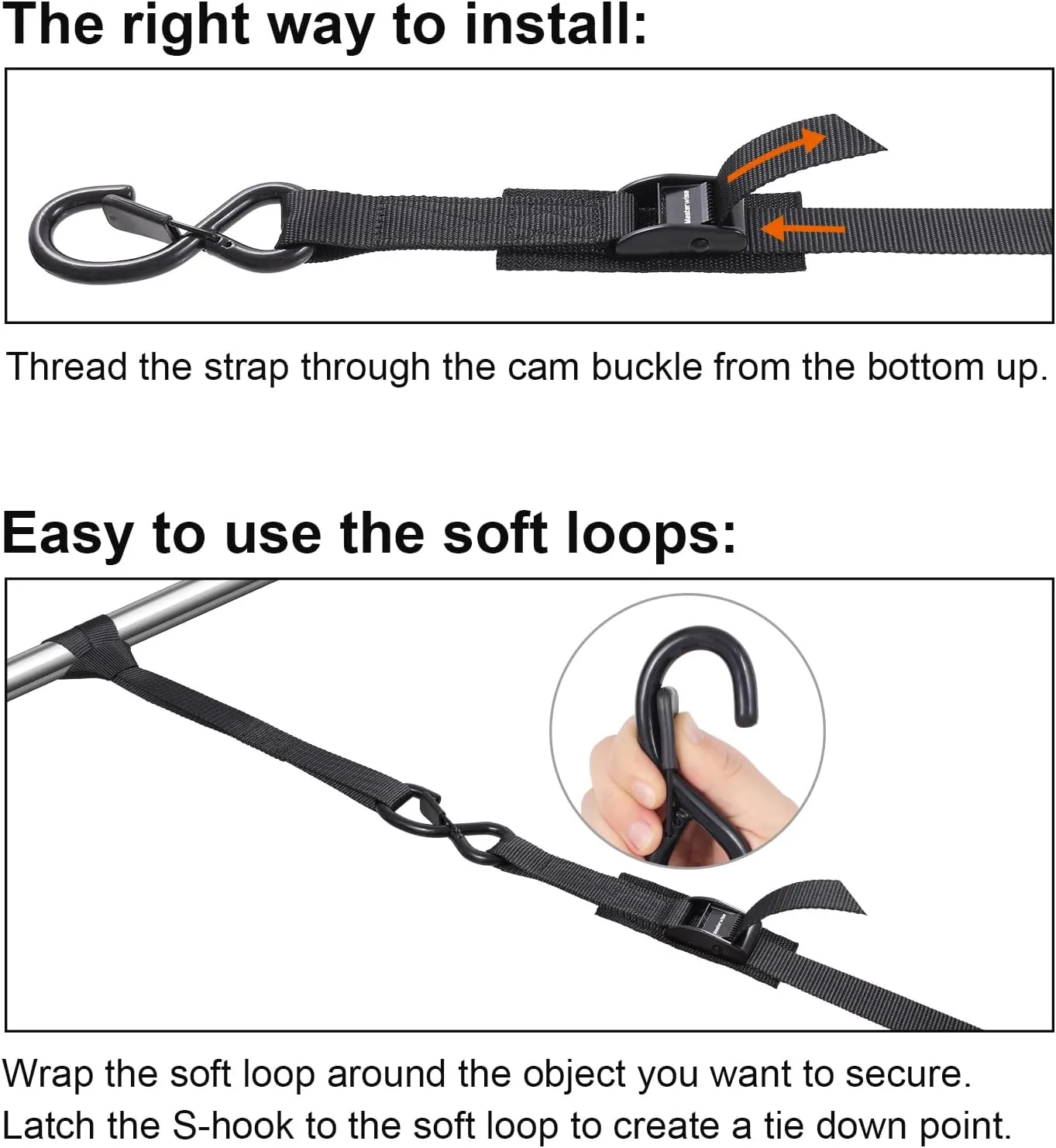 Tie Down Straps with Hooks, 8 feet 1200lbs Break Strength Cam Buckle Tiedown Set with Integrated Soft Loops for Motorcycle, Kayak, Car, Truck, Dirt Bike (Black, 1" x8',Pack of 4)
