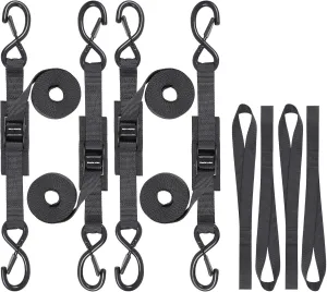 Tie Down Straps with Hooks, 8 feet 1200lbs Break Strength Cam Buckle Tiedown Set with Integrated Soft Loops for Motorcycle, Kayak, Car, Truck, Dirt Bike (Black, 1" x8',Pack of 4)