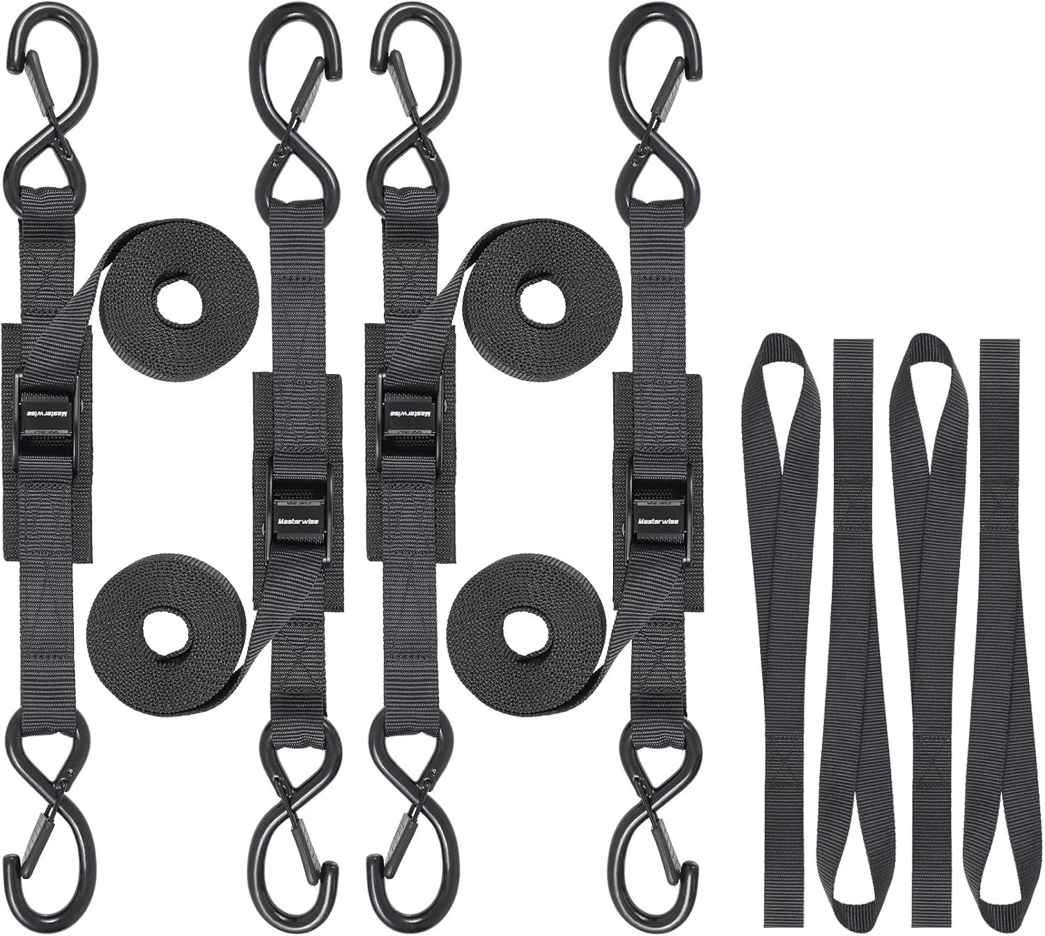 Tie Down Straps with Hooks, 8 feet 1200lbs Break Strength Cam Buckle Tiedown Set with Integrated Soft Loops for Motorcycle, Kayak, Car, Truck, Dirt Bike (Black, 1" x8',Pack of 4)