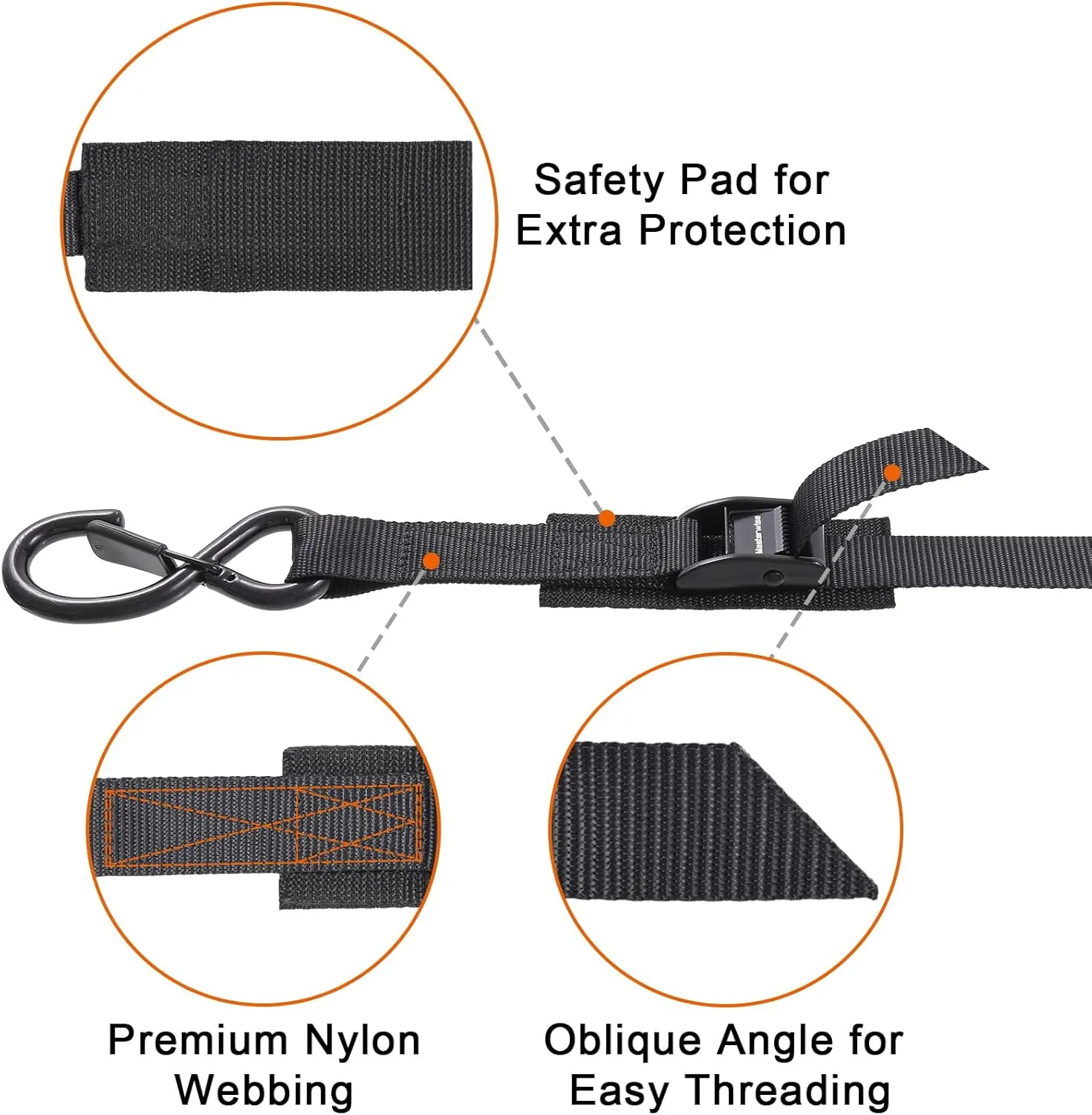 Tie Down Straps with Hooks, 8 feet 1200lbs Break Strength Cam Buckle Tiedown Set with Integrated Soft Loops for Motorcycle, Kayak, Car, Truck, Dirt Bike (Black, 1" x8',Pack of 4)