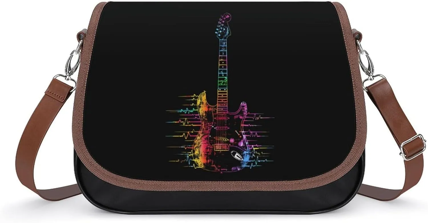 Tie Dye Guitar Heartbeat Crossbody Bags for Women PU Leather Tote Bag Purse Shoulder Bag for Travel Office