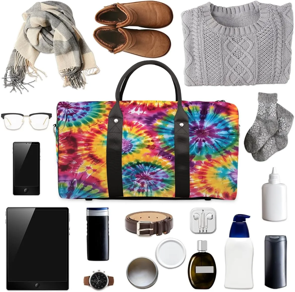 Tie Dye Travel Duffle Bag, Sports Gym Bags for Women Men, Carry On Weekender Overnight Bag, Rainbow Workout Hospital Airplane Trips Bag