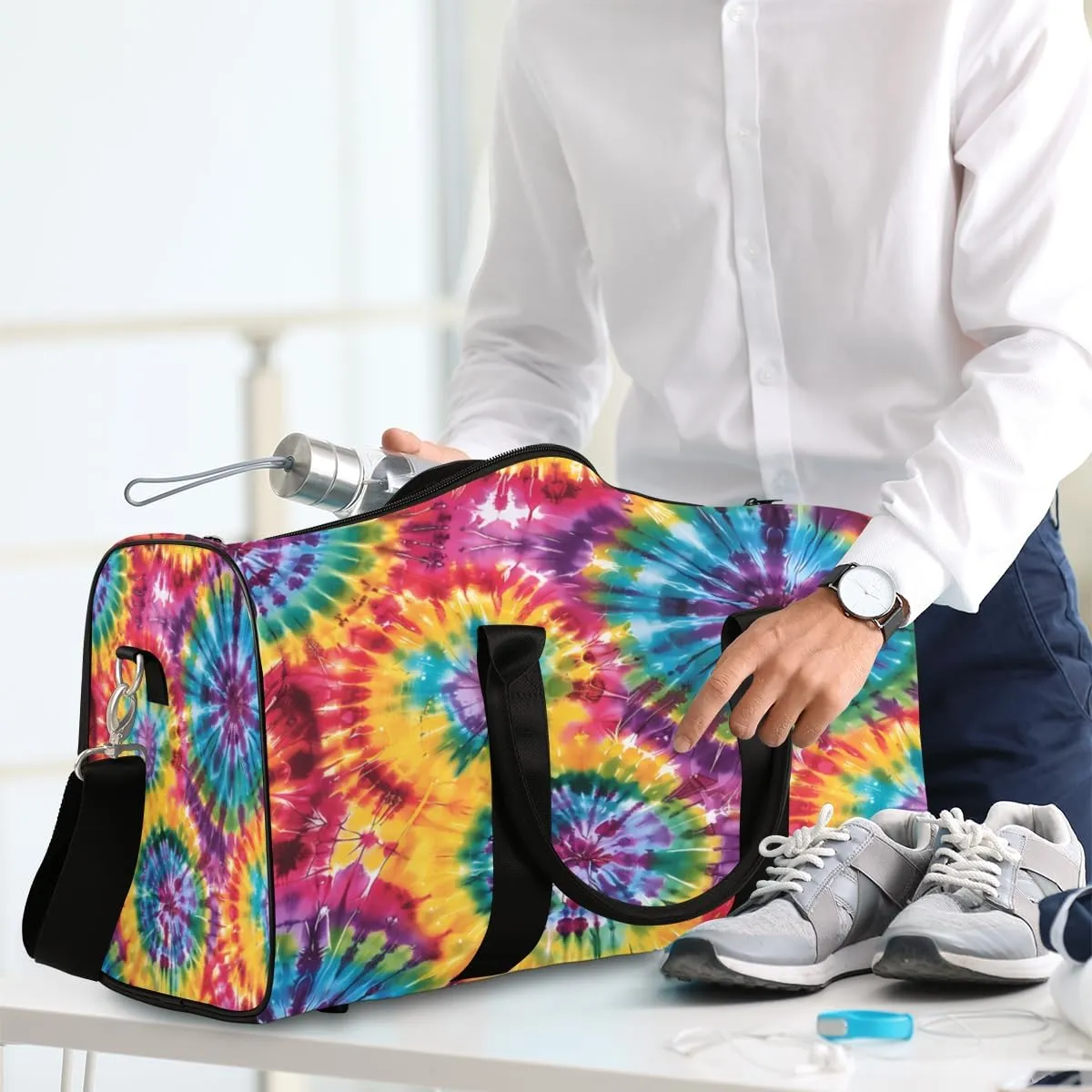 Tie Dye Travel Duffle Bag, Sports Gym Bags for Women Men, Carry On Weekender Overnight Bag, Rainbow Workout Hospital Airplane Trips Bag