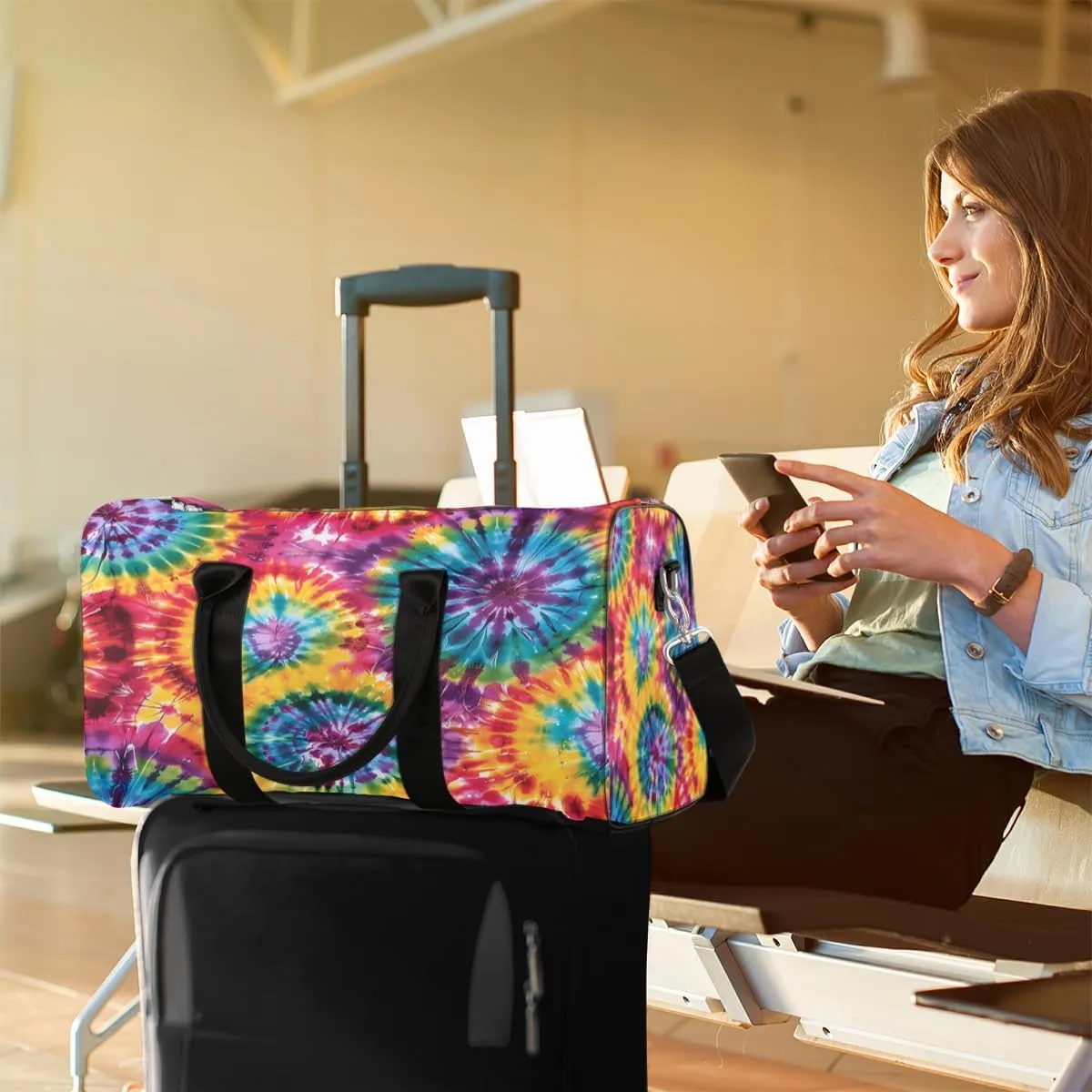 Tie Dye Travel Duffle Bag, Sports Gym Bags for Women Men, Carry On Weekender Overnight Bag, Rainbow Workout Hospital Airplane Trips Bag