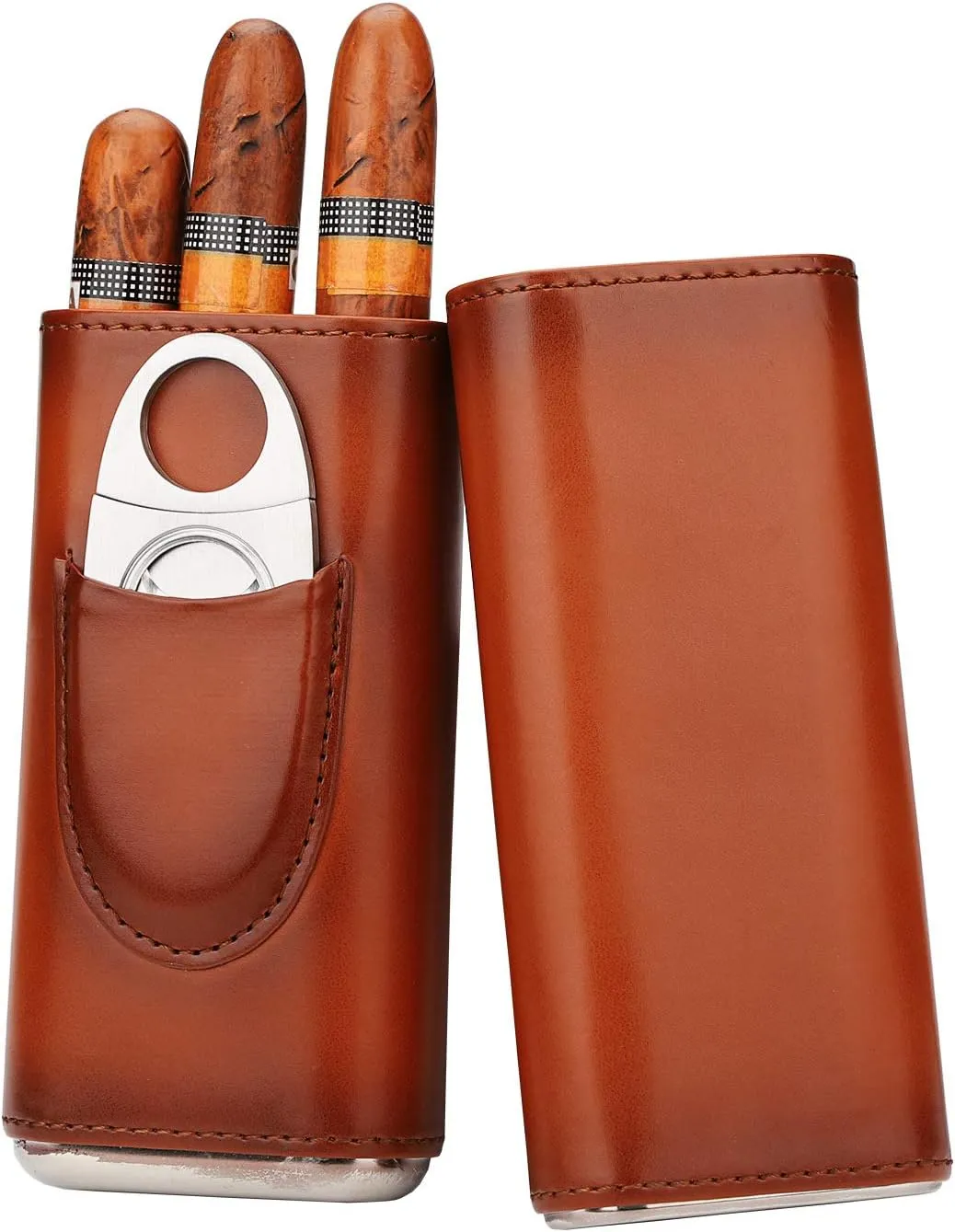 Time C club 3 -Sticks Brown Leather Cigar Case, Cedar Wood Lined, Cigar Cutter with Silver Stainless Steel Cutter