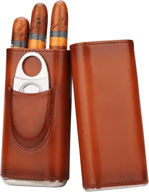 Time C club 3 -Sticks Brown Leather Cigar Case, Cedar Wood Lined, Cigar Cutter with Silver Stainless Steel Cutter
