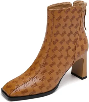 TinaCus Embossed Genuine Leather Women's Square Toe Handmade Block Heels Zip Up Ankle Boots
