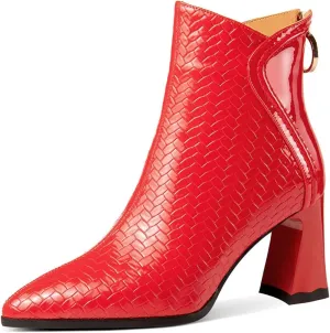 TinaCus Embossed Patent Leather Women's Pointed Toe Handmade Back Zipper High Block Heels Ankle Boots